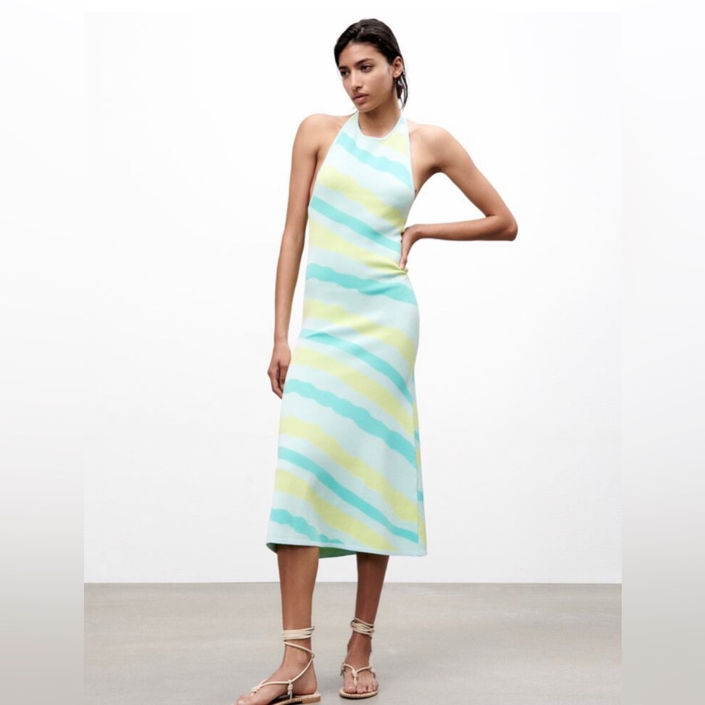 Zara Halter Neck Low Back Midi Knit Dress L